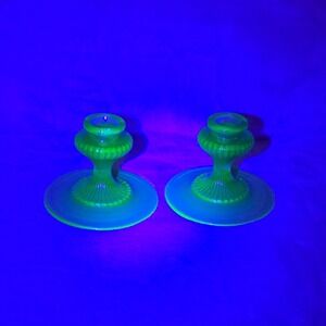 Vintage Uranium Glass Candlesticks Pair Green Depression Era Glows READ